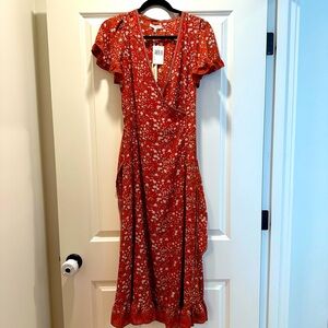 NWT Max Studio Floral Crepe Faux Wrap Midi Dress, Rust/Gold, Small